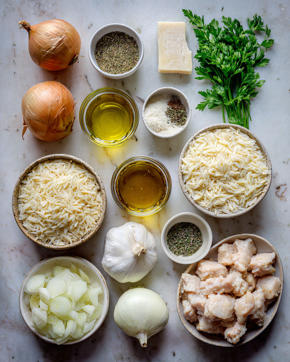 Unleash Comfort with a Savory French Onion Chicken Orzo Casserole Delight 4 Ingredients for Unleash Comfort with a Savory French Onion Chicken Orzo Casserole Delight
