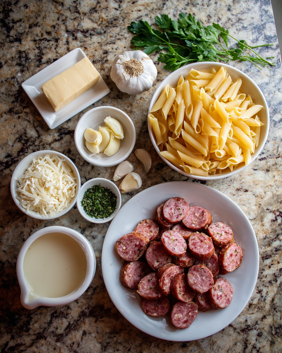 Ingredients for Savor the Flavor: Garlic Butter Sausage Bites with Creamy Pasta Delight