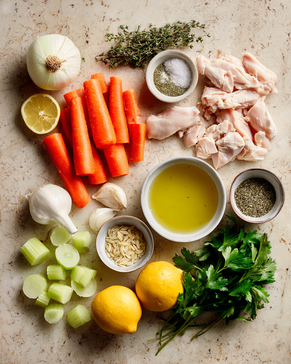Ingredients for Zesty Comfort in a Bowl: Discover the Lemon Chicken Orzo Soup Delight