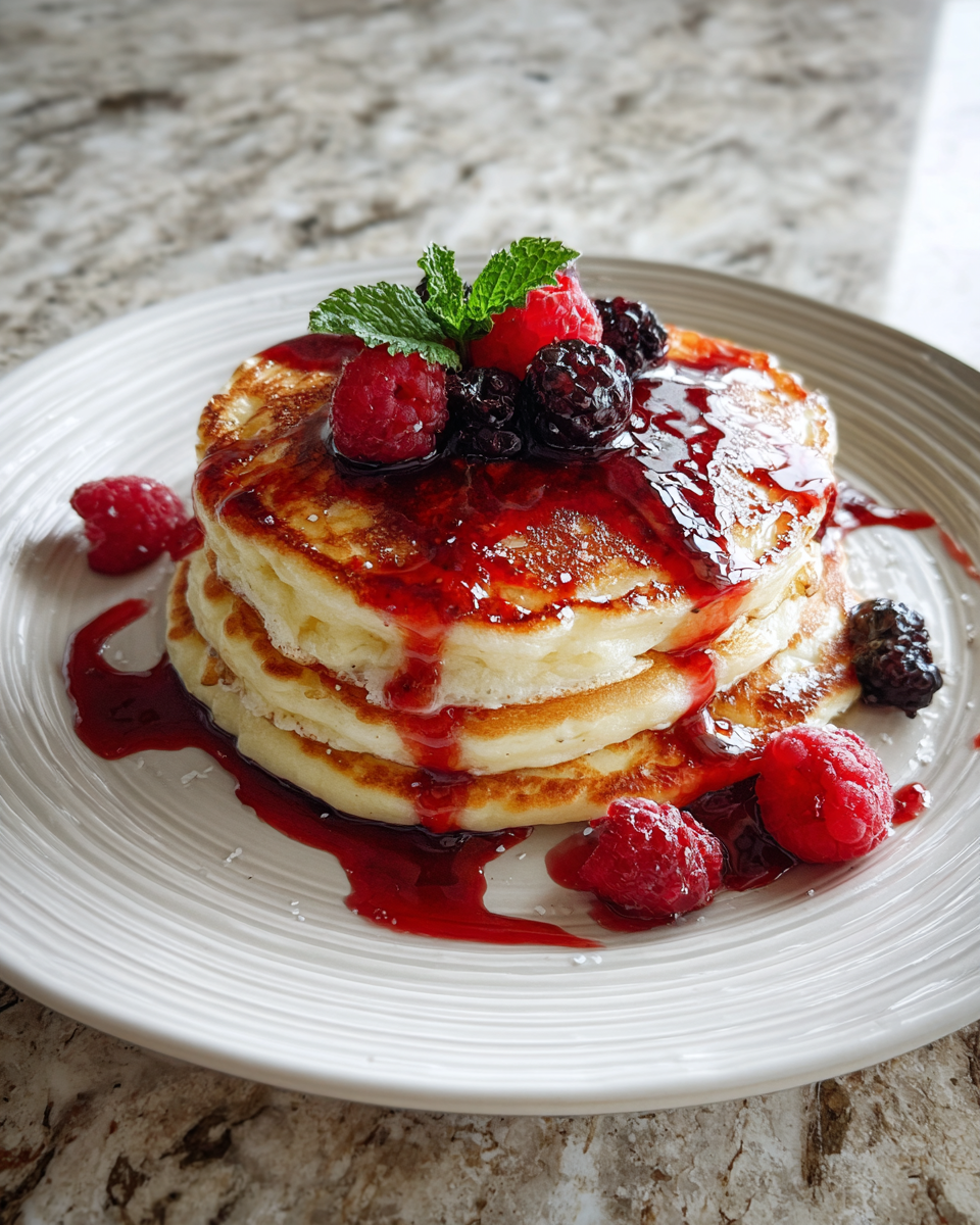 Final dish - Fluffy Lemon Ricotta Pancakes Drizzled with Luscious Berry Syrup