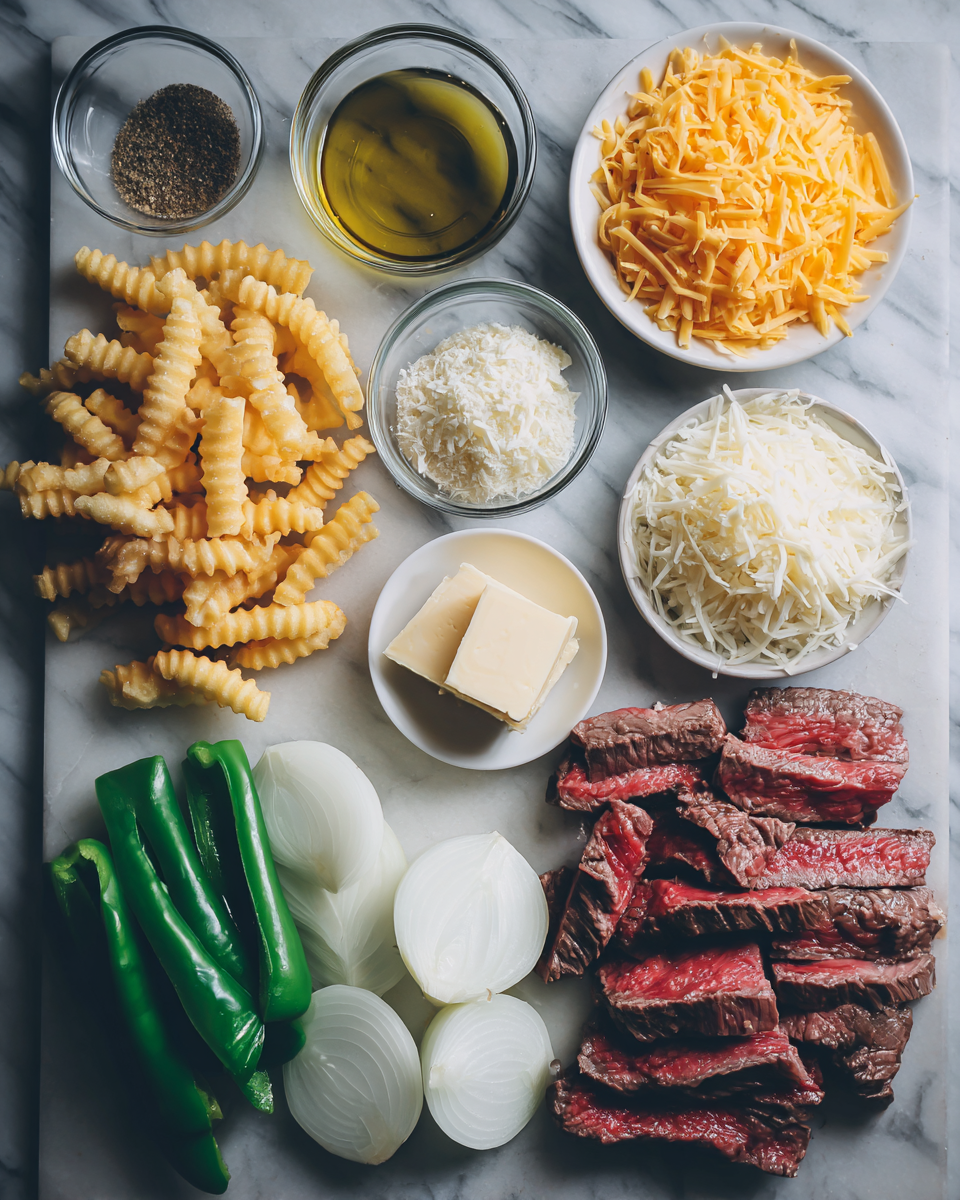 Ingredients for Indulge in the Ultimate Philly Steak Cheese Fries Experience