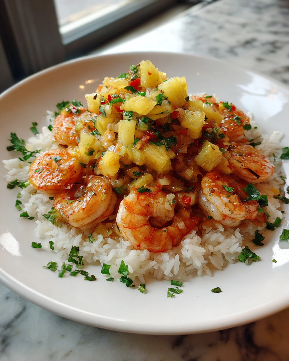 Final dish - Tropical Delight: Shrimp and Rice with Pineapple Salsa Bliss