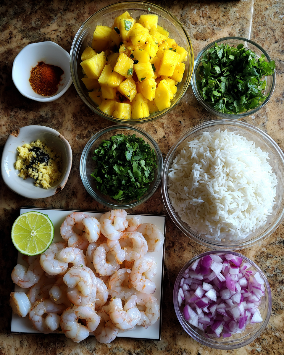 Ingredients for Tropical Delight: Shrimp and Rice with Pineapple Salsa Bliss
