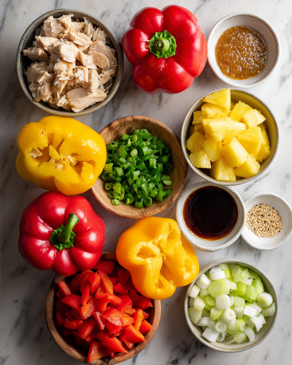 Ingredients for Savory Meets Sweet: Teriyaki Pineapple Chicken Stuffed Peppers Delight