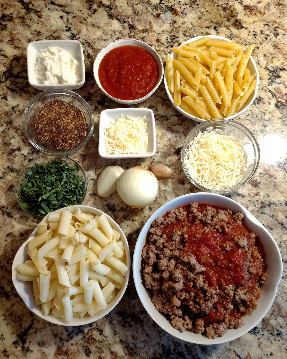 Ingredients for Ultimate Comfort: Baked Ziti with Ground Beef Delight