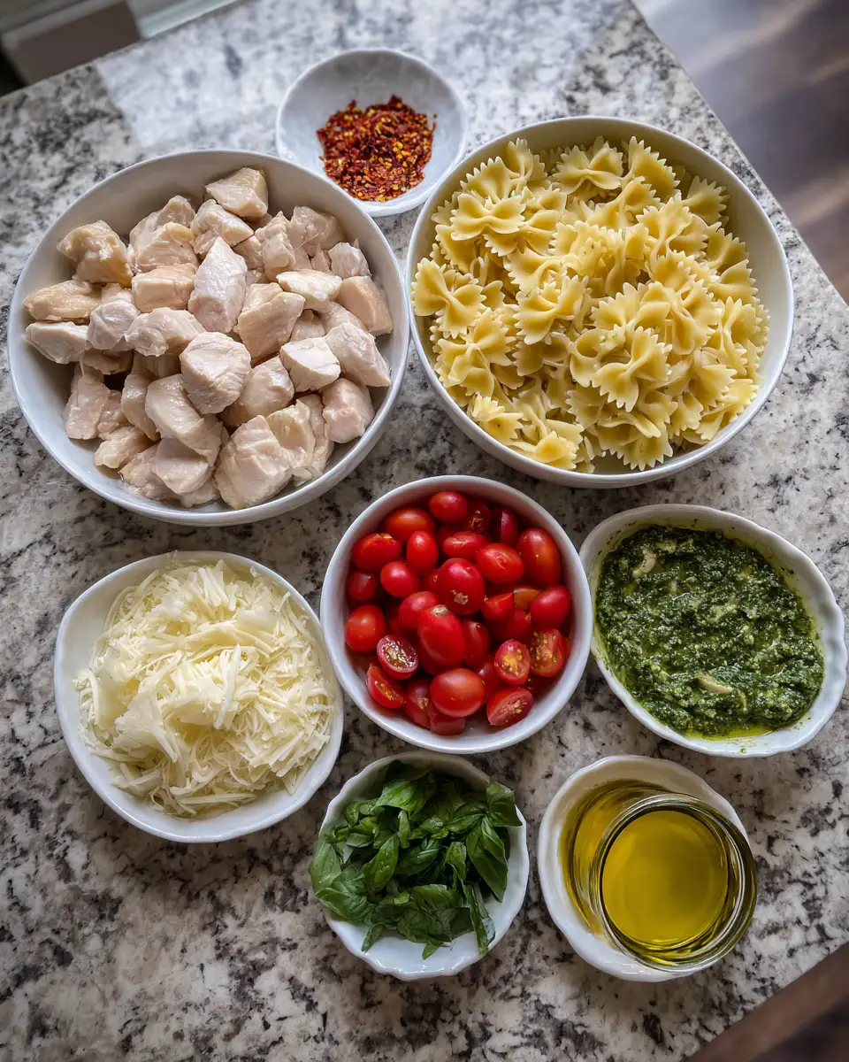 Ingredients for Twirl into Flavor: Bow Tie Chicken Pasta with Basil Pesto Delight