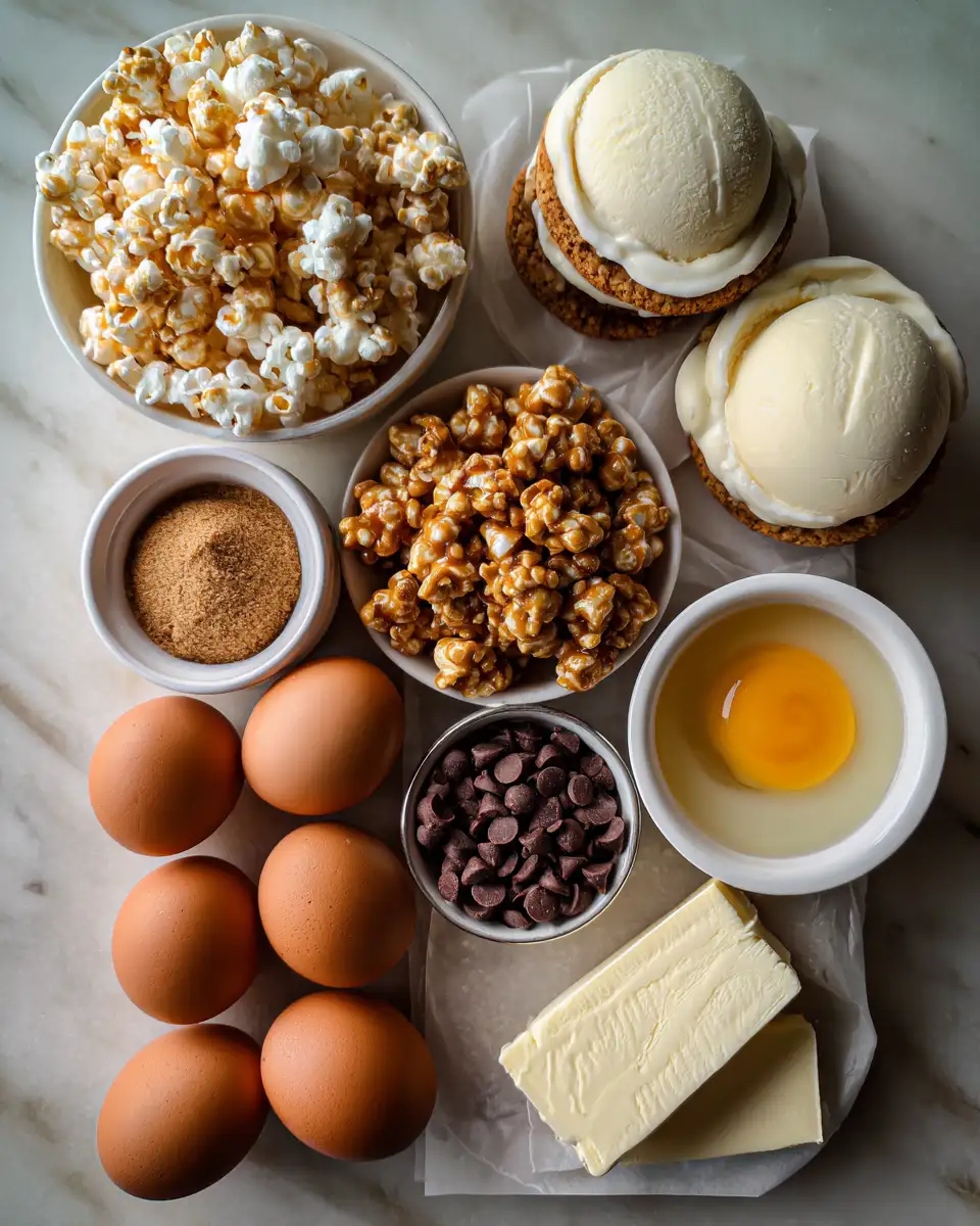 Ingredients for Sweet Crunch Delight Caramel Popcorn Ice Cream Sandwiches