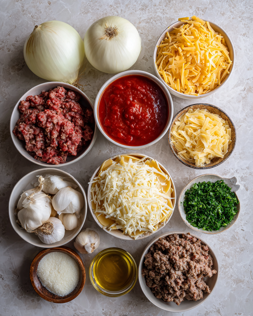 Ingredients for Cheeseburger Lasagna with Garlic and Parmesan: A Fusion Feast to Savor