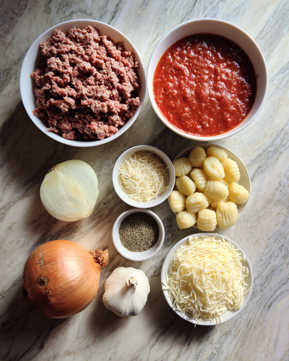 Ingredients for Irresistible Cheesy Bolognese Gnocchi Bake: A Comfort Food Dream