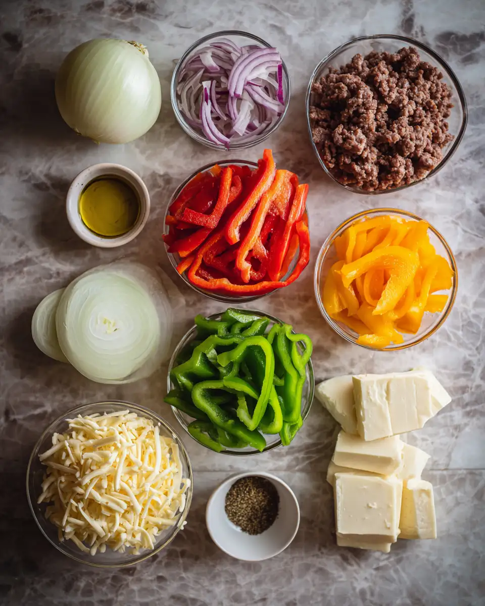 Ingredients for Irresistibly Cheesy Low Carb Philly Cheesesteak Casserole Delight