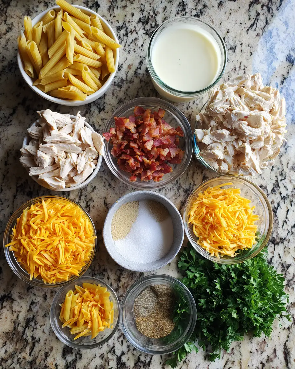 Ingredients for Irresistible Chicken Bacon Ranch Pasta Bake: Your New Weeknight Favorite