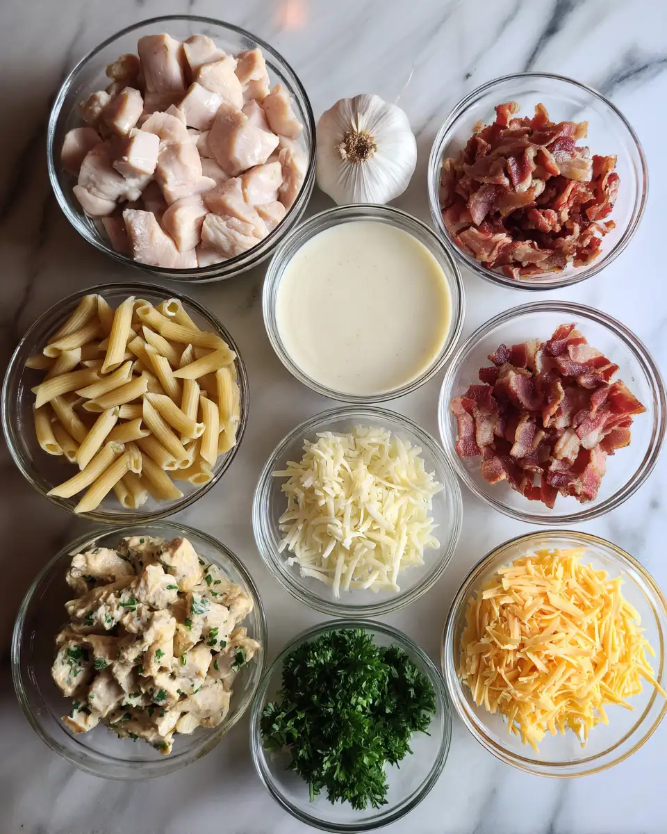 Ingredients for Creamy Dreamy Delight Chicken Bacon Ranch Pasta Bliss
