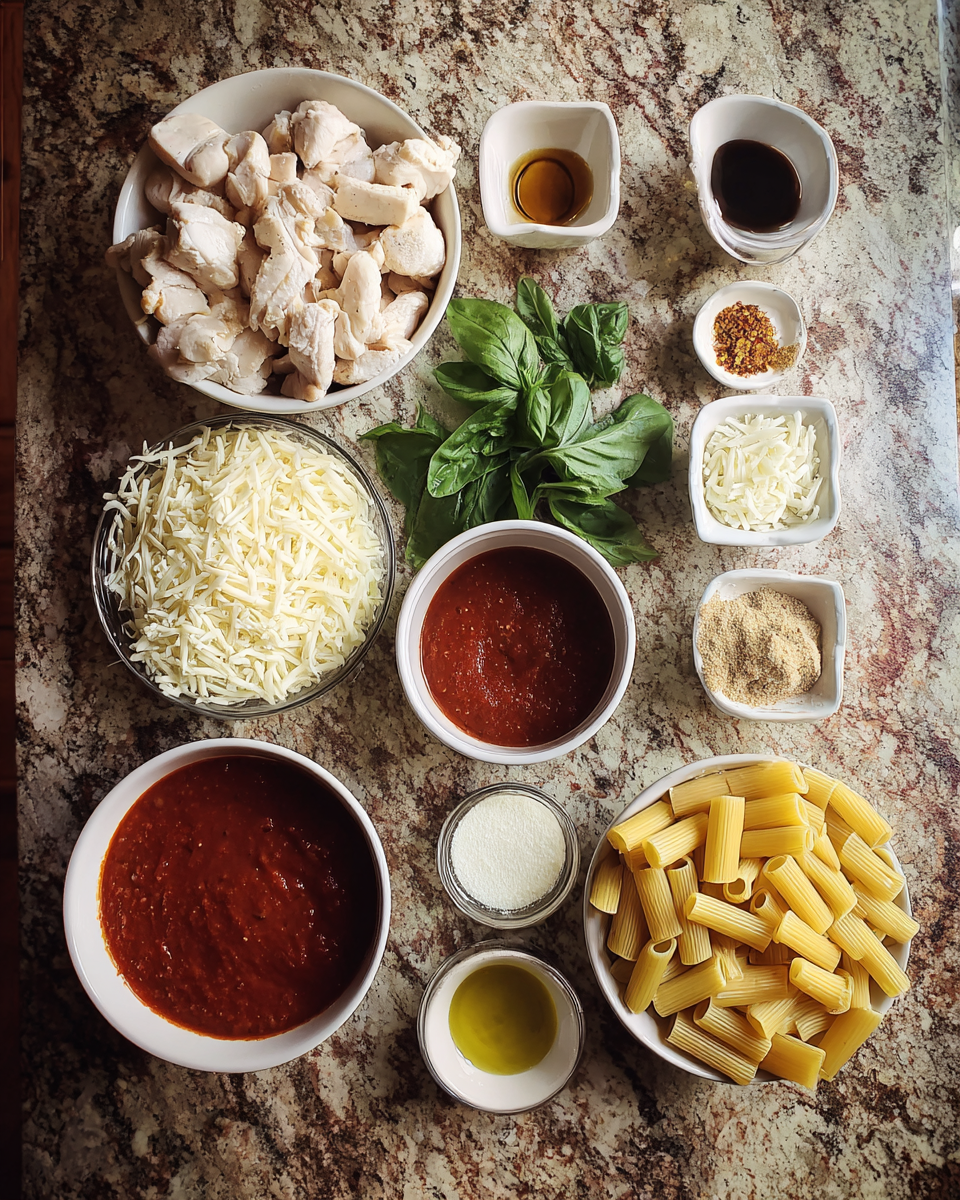 Ingredients for One-Pan Wonder: Chicken Parmesan Pasta Skillet Delight