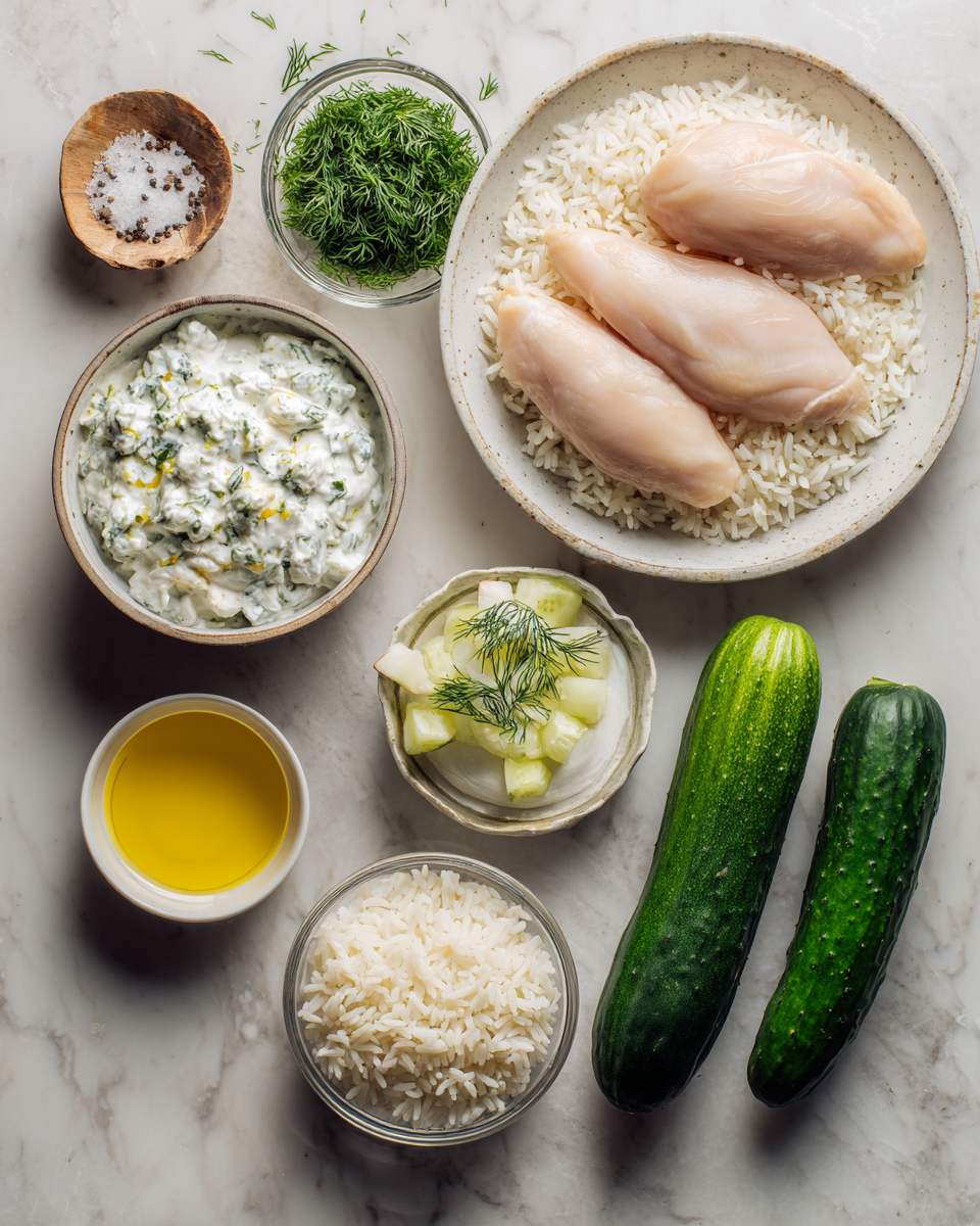Ingredients for Savor the Mediterranean: Irresistible Chicken Tzatziki and Rice Bake Delight