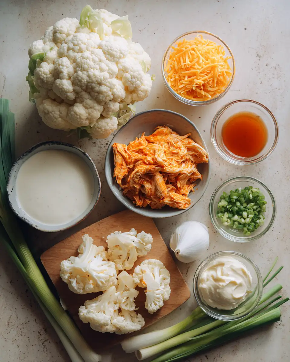 Ingredients for Irresistible Comfort: Creamy Buffalo Chicken Cauliflower Casserole Delight
