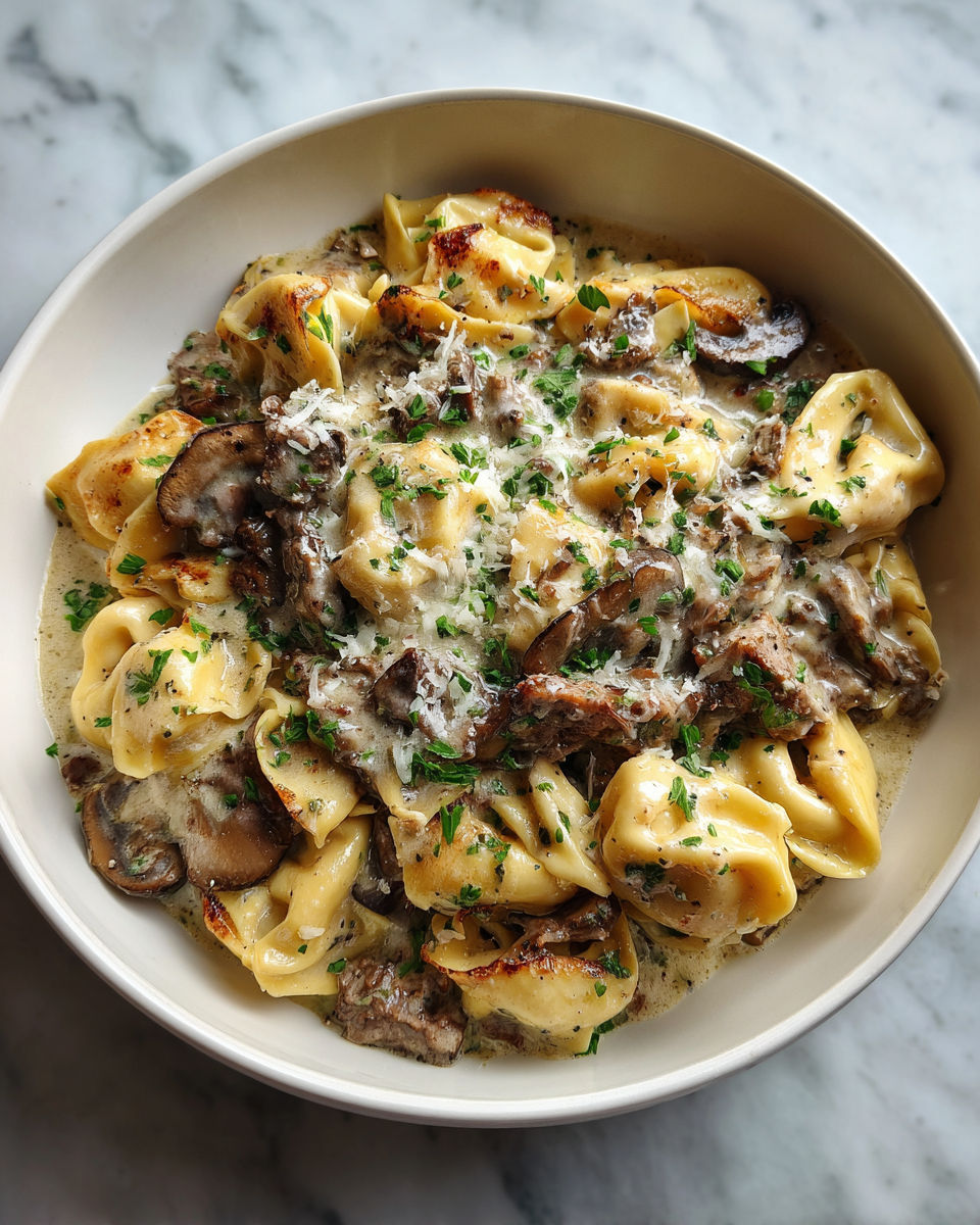 Final dish - Indulge in the Ultimate Comfort: Creamy Cheesesteak Tortellini in Provolone Sauce