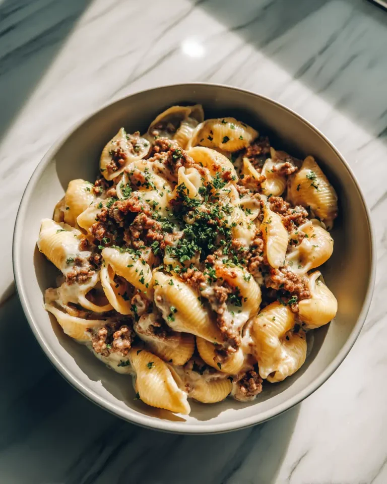Heavenly Creamy Garlic Shells with Savory Ground Beef Delight - Featured Image