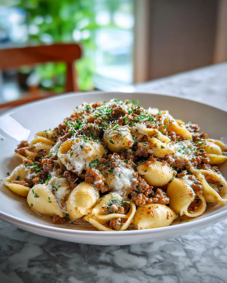 Final dish - Heavenly Creamy Garlic Shells with Savory Ground Beef Delight