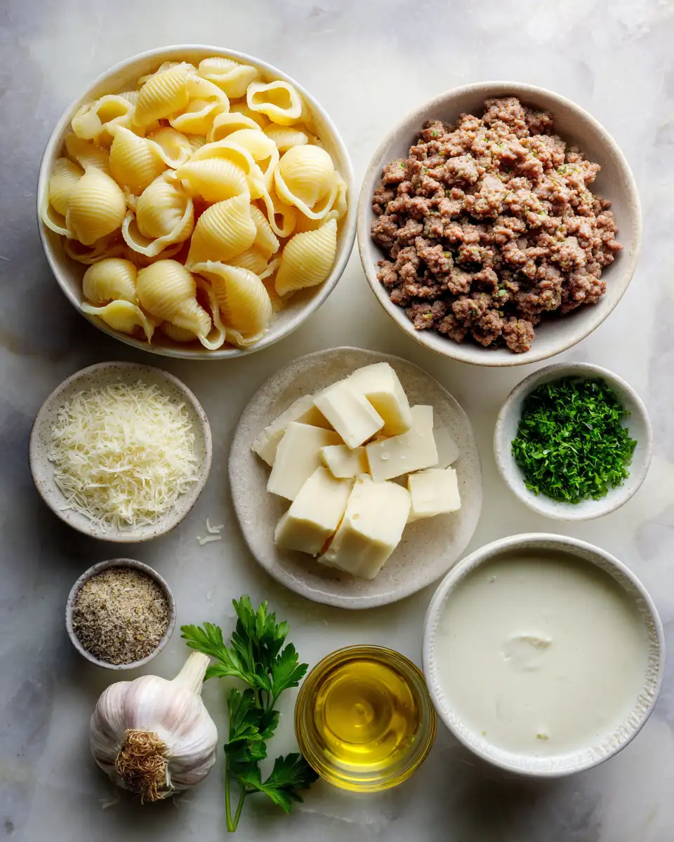 Ingredients for Heavenly Creamy Garlic Shells with Savory Ground Beef Delight
