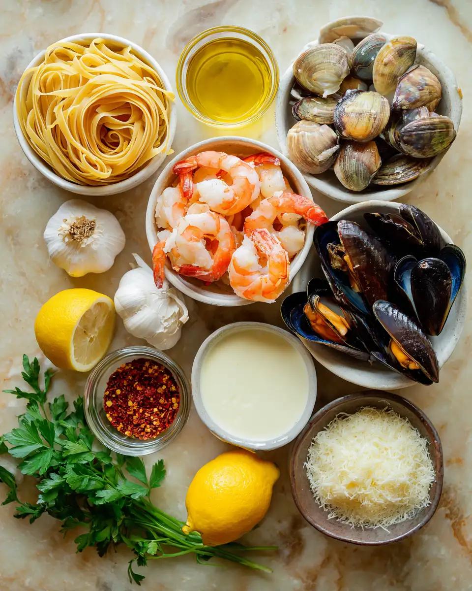 Ingredients for Indulge in the Ultimate Creamy Seafood Pasta Delight