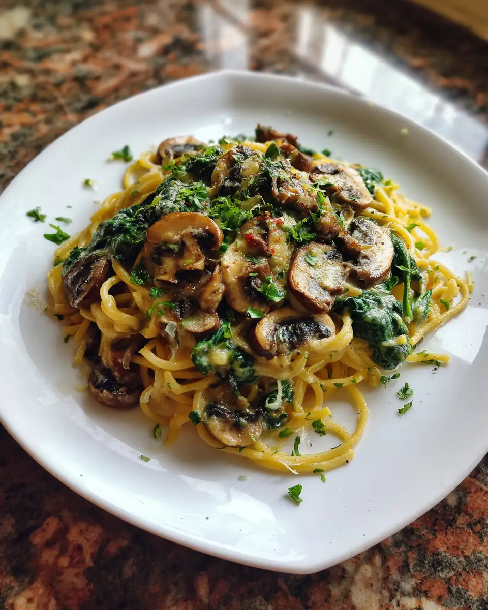 Final dish - Indulge in the Ultimate Comfort: Creamy Spinach Mushroom Pasta Delight