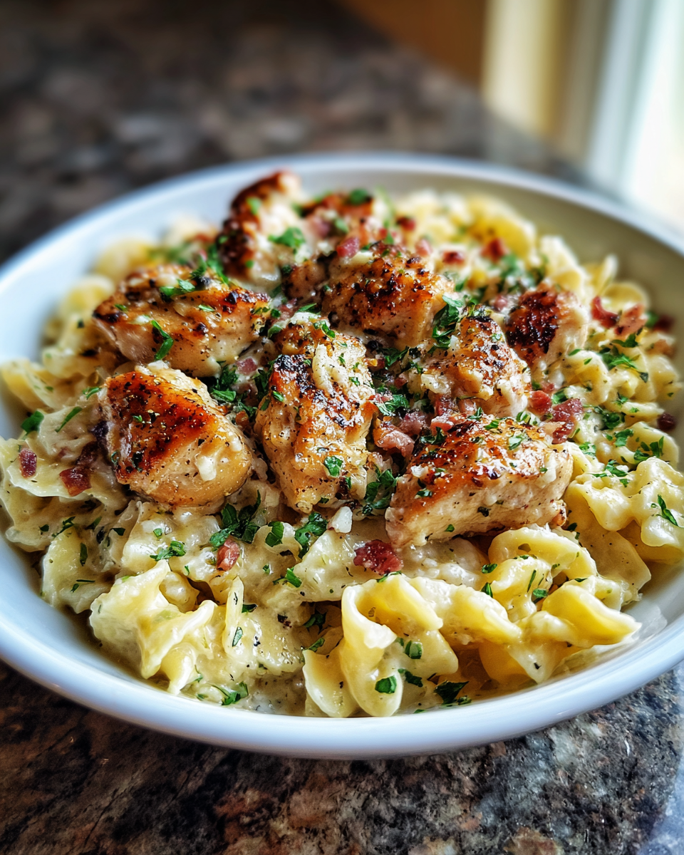 Final dish - Irresistible Garlic Butter Chicken Bites Meet Creamy Pasta Delight
