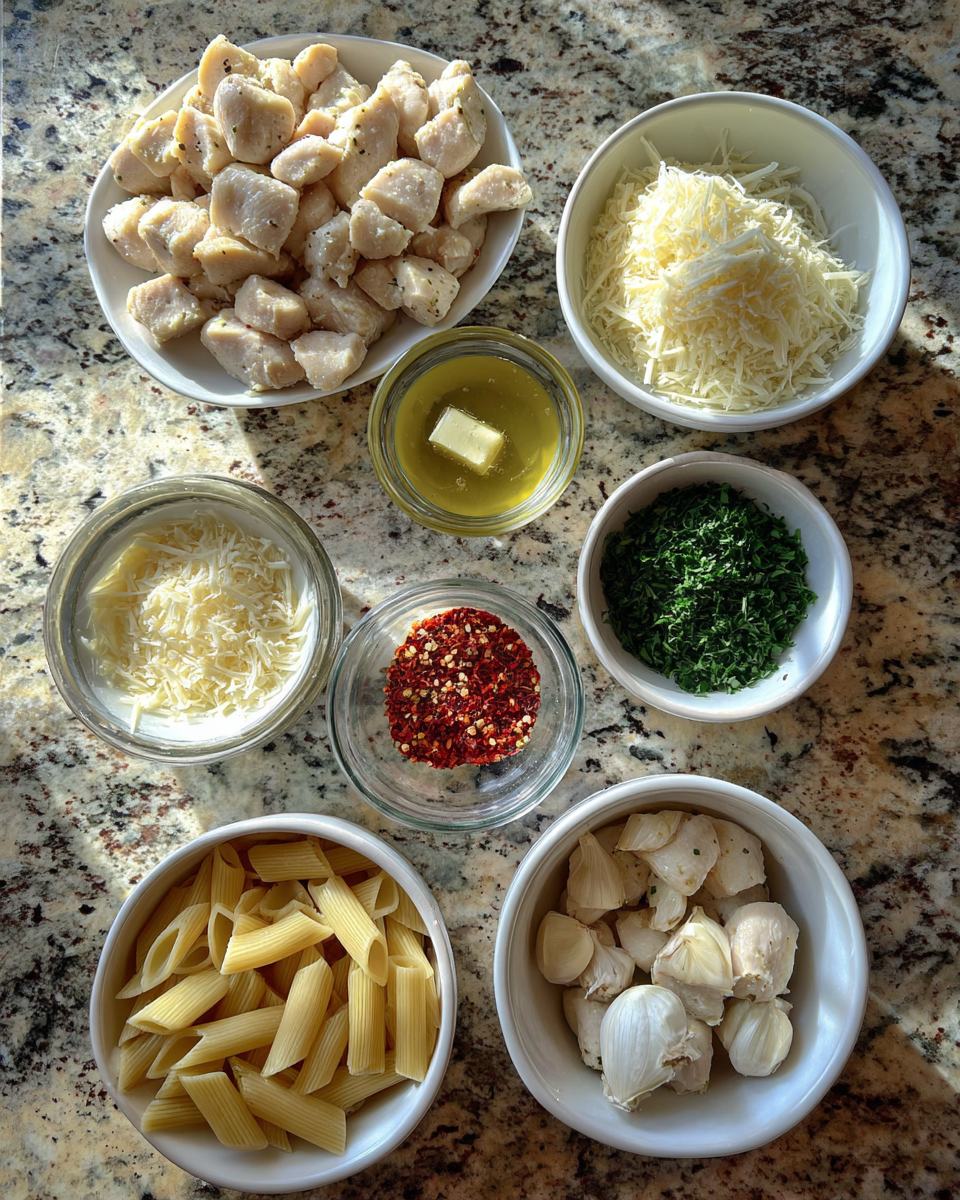 Ingredients for Irresistible Garlic Butter Chicken Bites Meet Creamy Pasta Delight