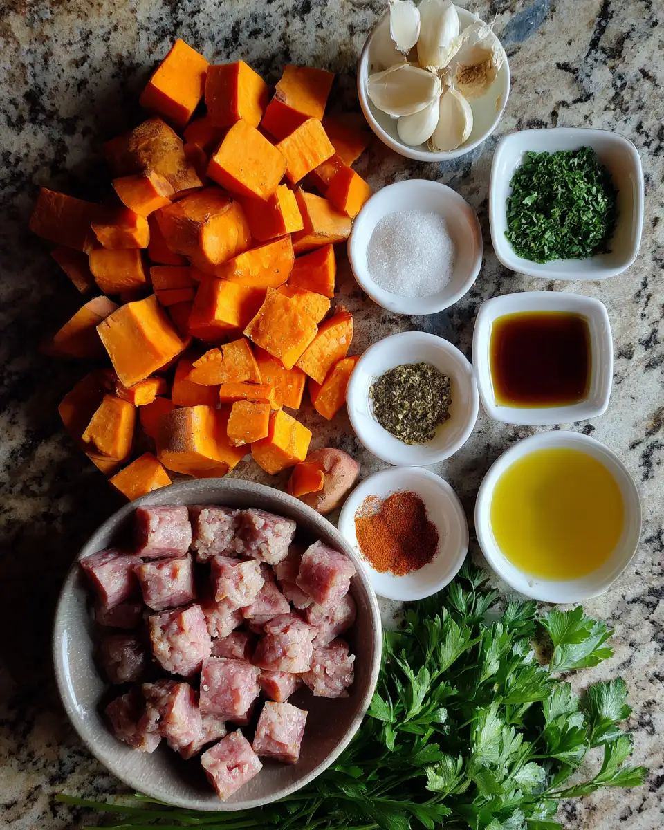 Ingredients for Sweet & Savory Harmony: Honey Garlic Sausage with Roasted Sweet Potatoes