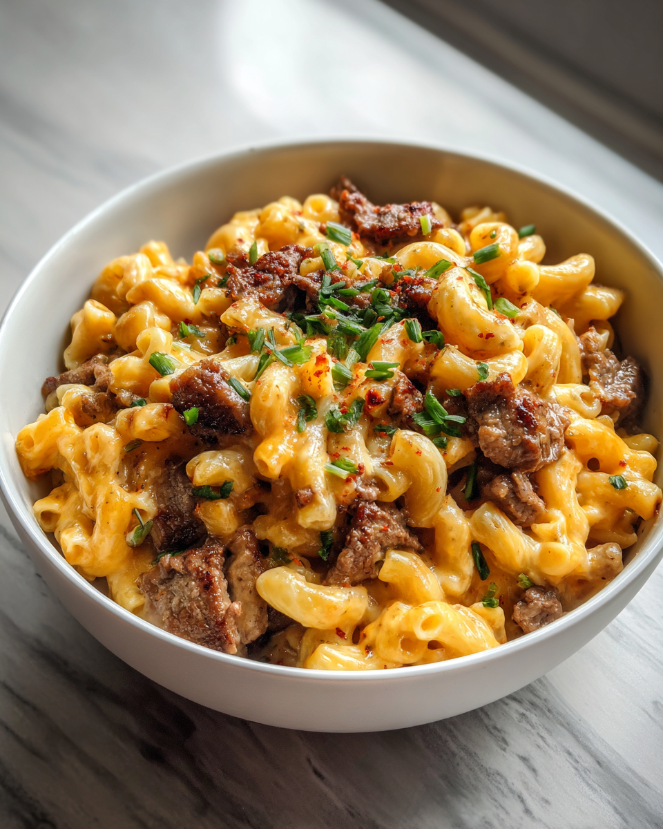 Final dish - Indulge in Comfort: Honey Pepper Beef Mac and Cheese Delight