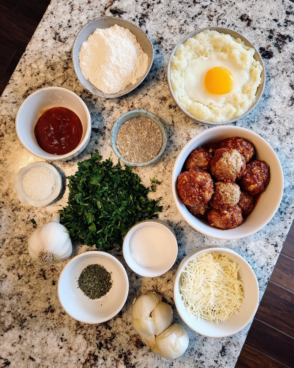 Ingredients for Ultimate Comfort: Meatball and Mashed Potato Bake Delight