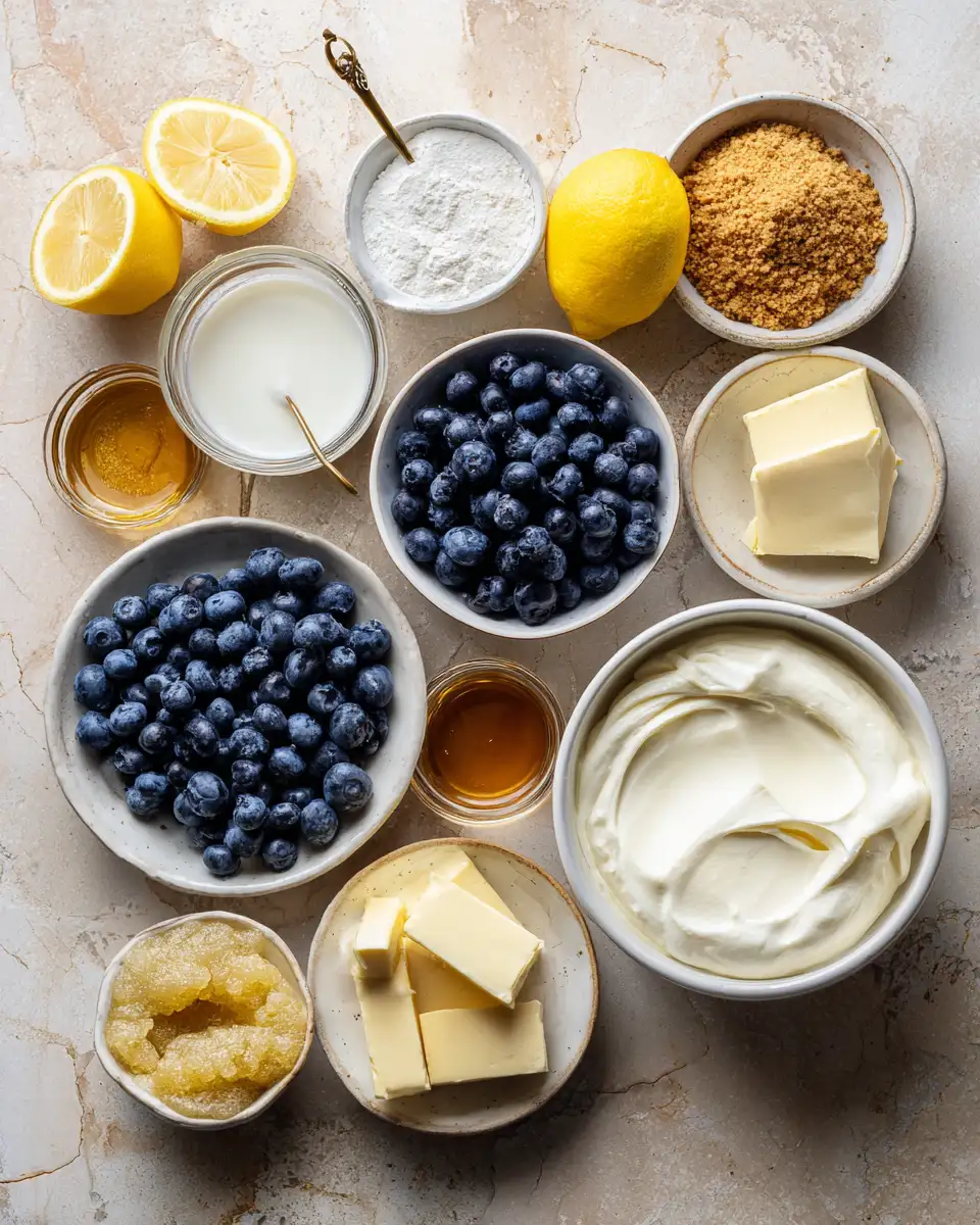 Ingredients for Zesty No-Bake Lemon Blueberry Cream Cake Delight