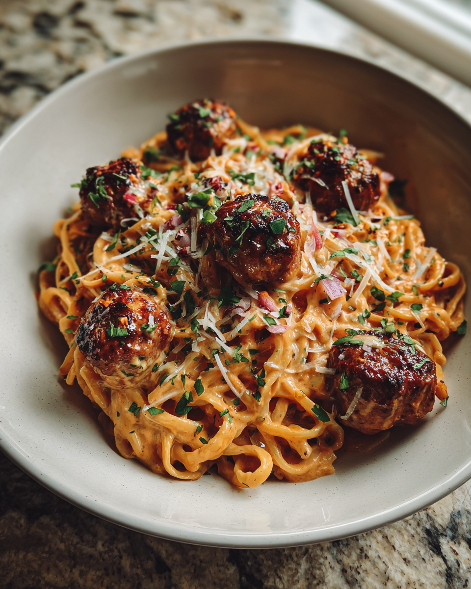 Effortlessly Delicious: One-Pot Creamy Cajun Meatball Pasta Perfection 6 Final dish - Effortlessly Delicious: One-Pot Creamy Cajun Meatball Pasta Perfection