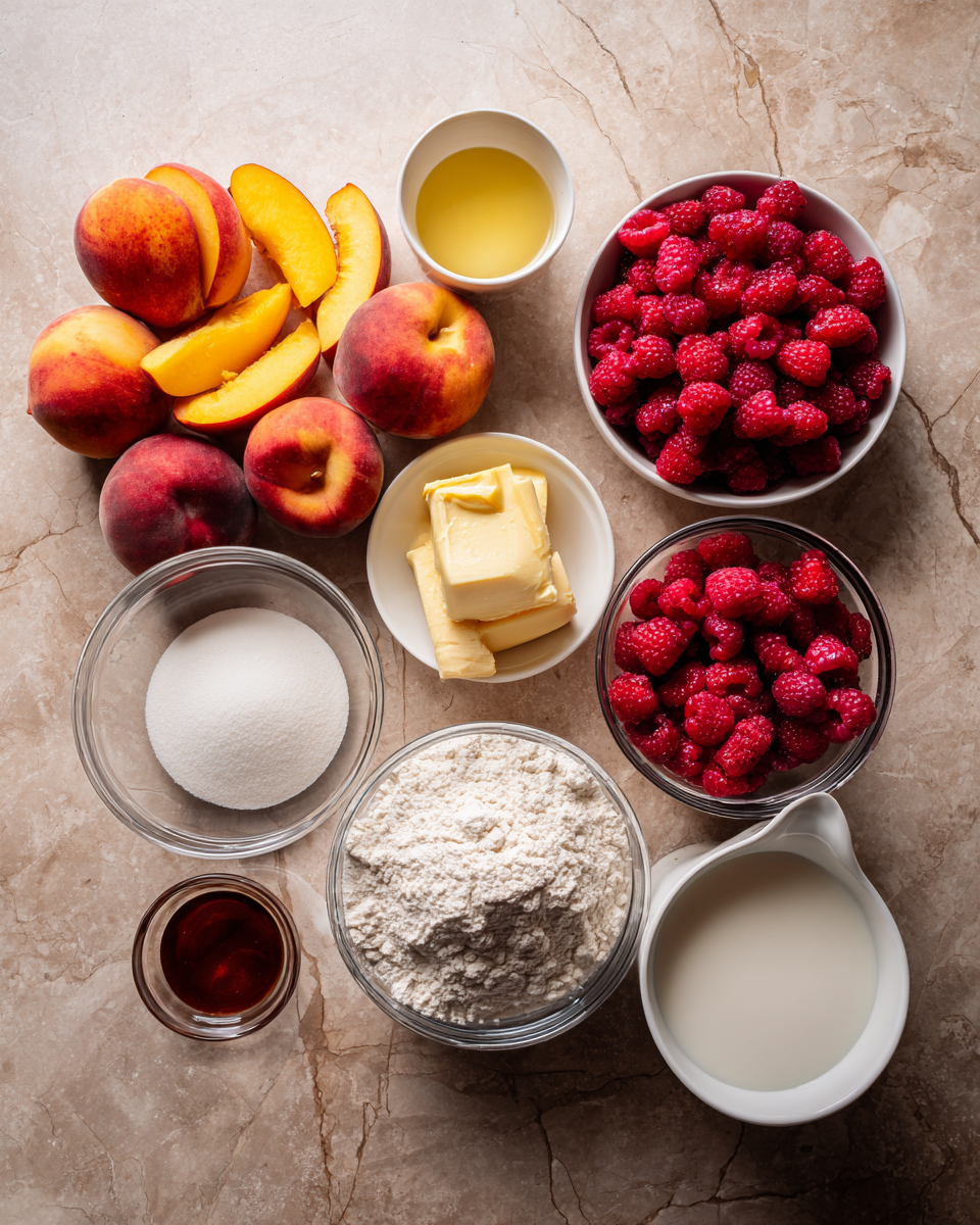 Ingredients for Summer's Sweetest Secret: Peach and Raspberry Cobbler Delight