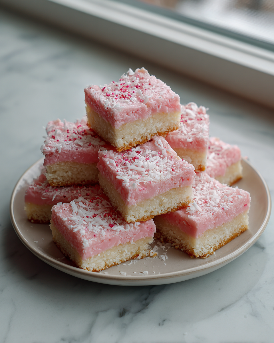 Final dish - Indulge in Sweet Bliss with Pink Coconut Snowball Cake Bars