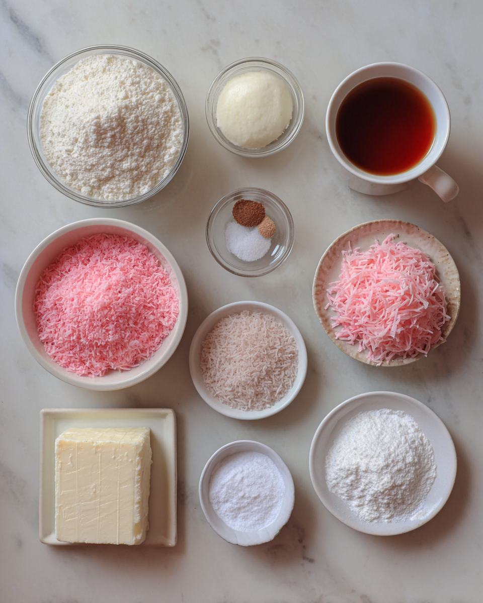 Ingredients for Indulge in Sweet Bliss with Pink Coconut Snowball Cake Bars
