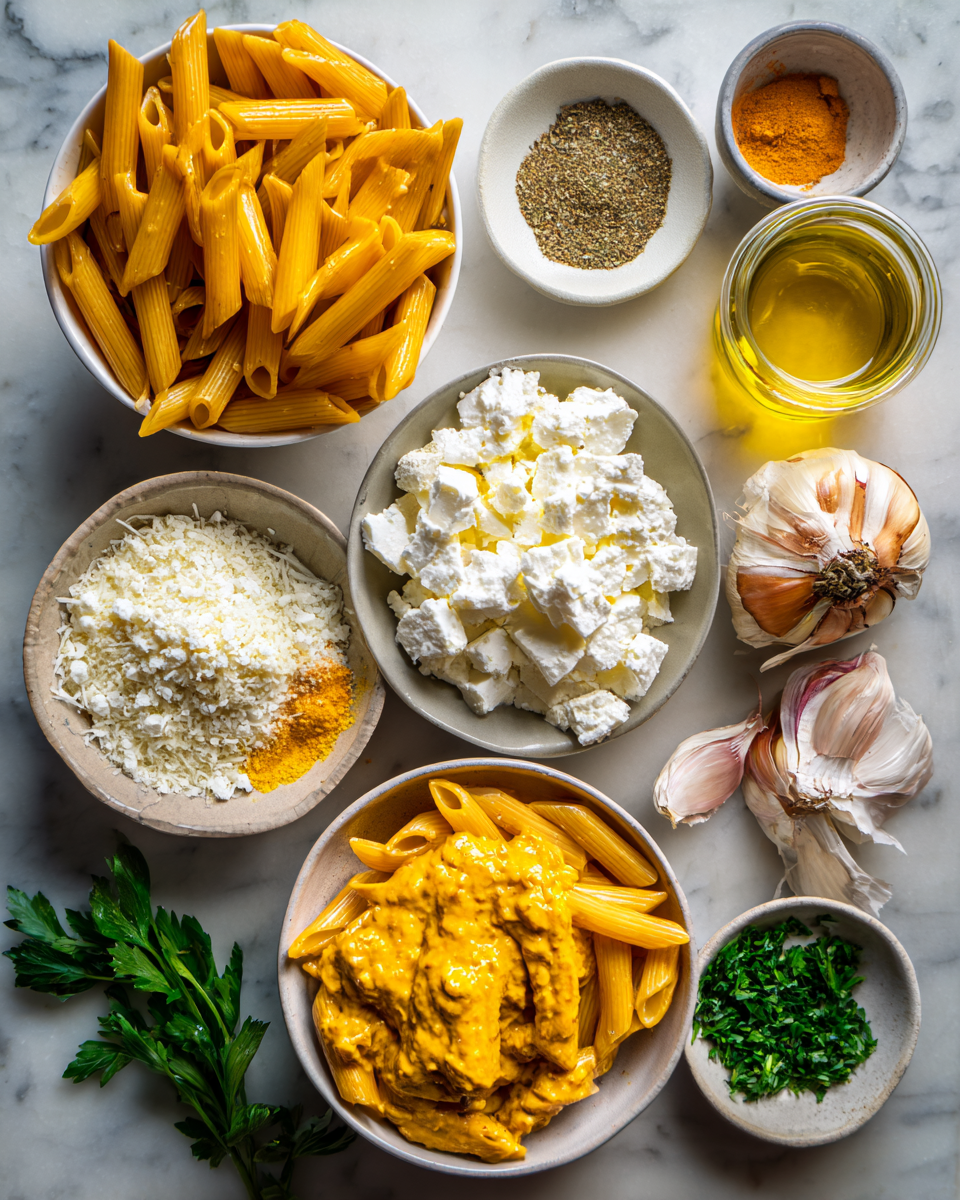 Ingredients for Creamy Pumpkin Pasta with Feta Delight