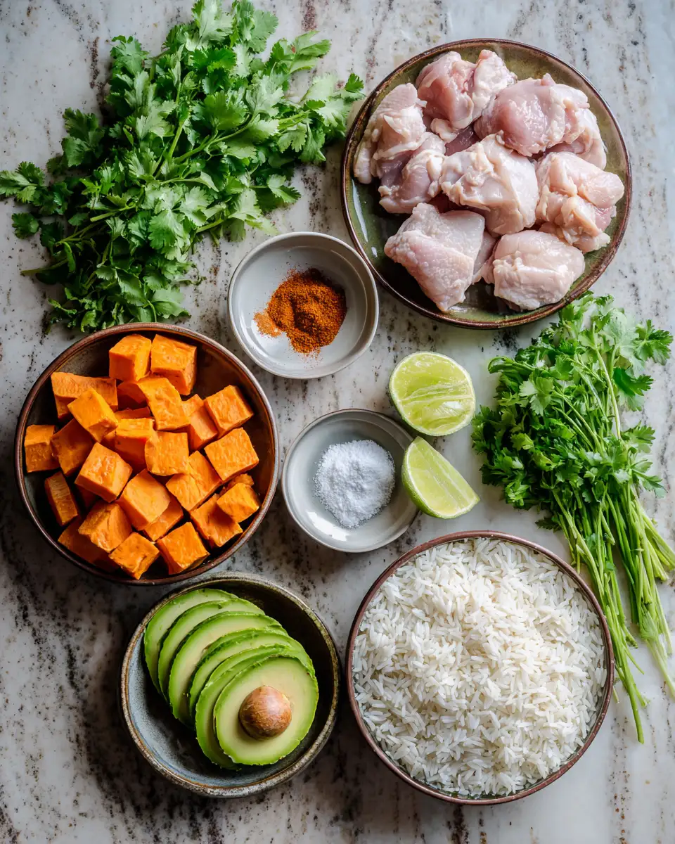 Ingredients for Hearty and Healthy: Roasted Chicken and Sweet Potato Rice Bowls Delight