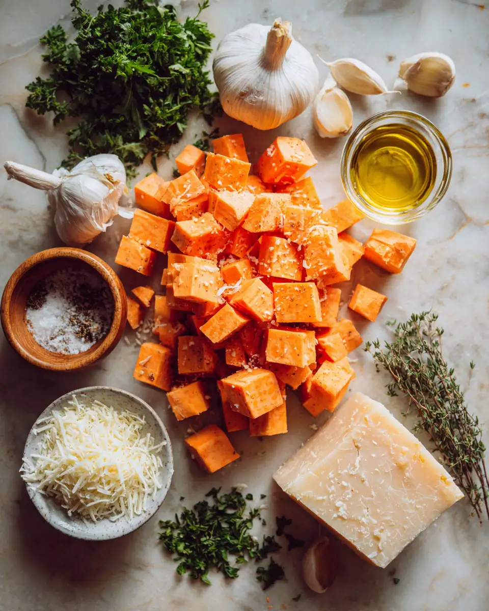 Ingredients for Heavenly Roasted Sweet Potatoes with Garlic and Parmesan Delight