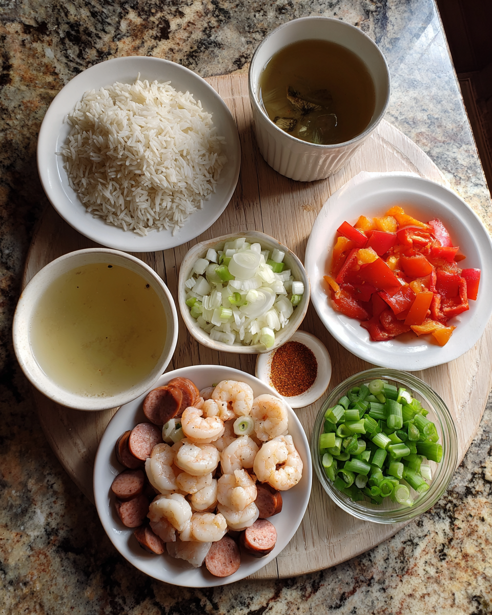Ingredients for Savor the South: Irresistible Shrimp Sausage Dirty Rice Delight