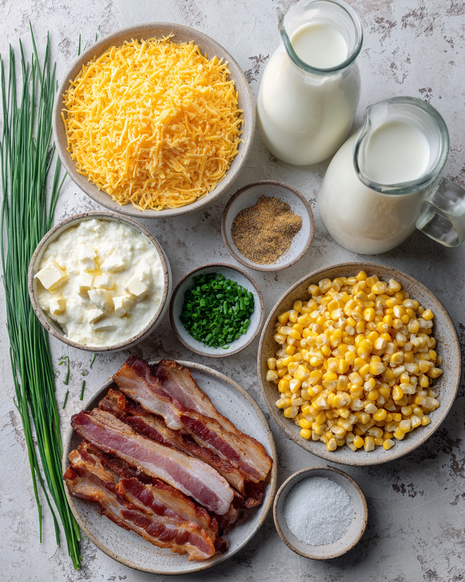 Ingredients for Irresistible Slow Cooker Cheddar Corn with Savory Bacon Bliss