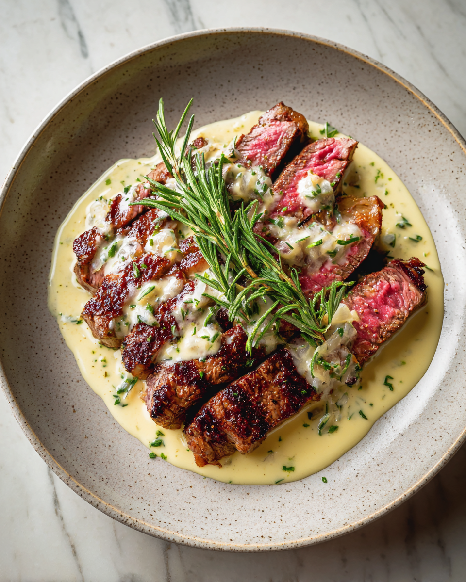 Final dish - Savor the Flavor: Steak with Creamy Garlic Sauce Delight