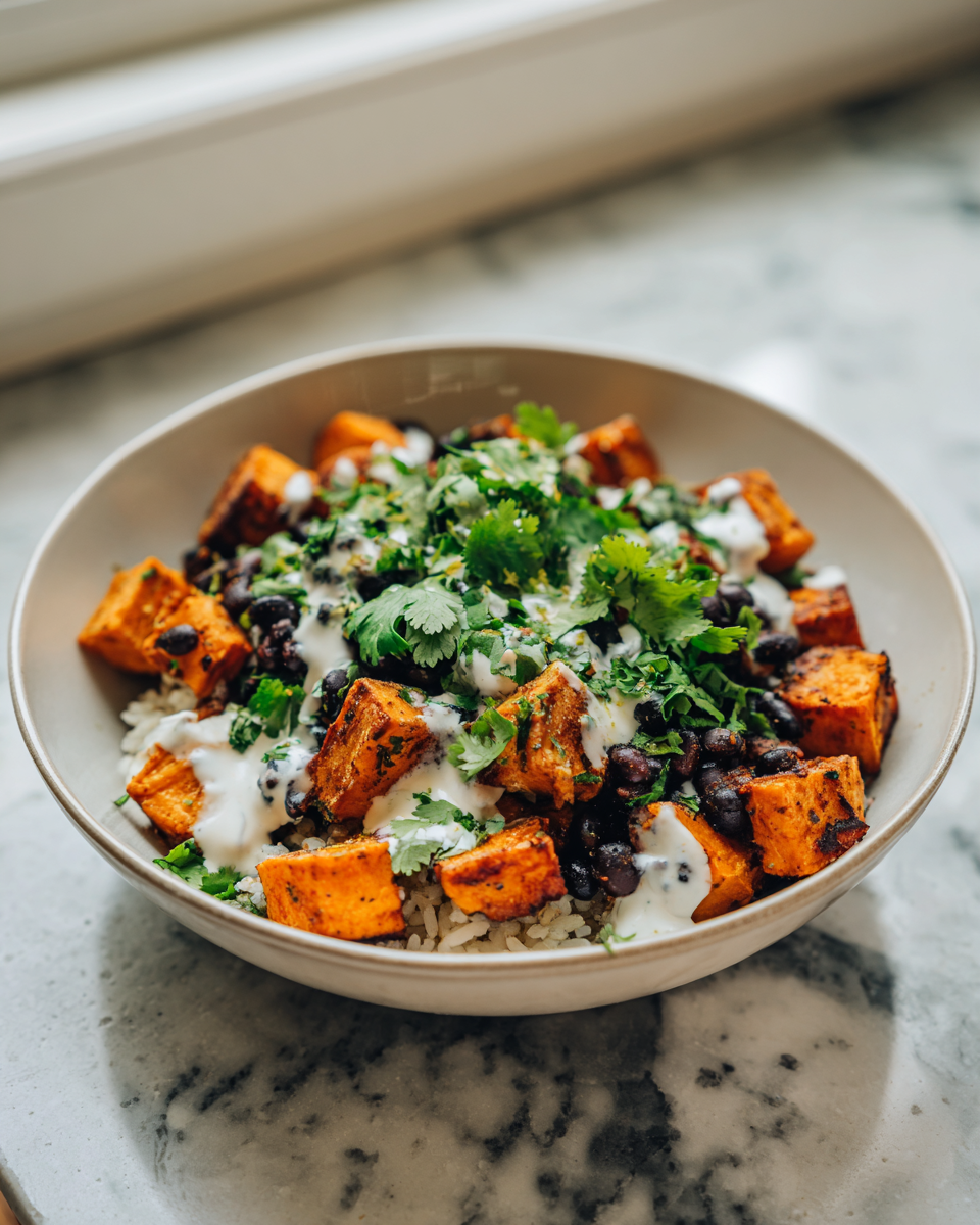 Final dish - Savor the Flavor Sweet Potato and Black Bean Bowl with Cilantro Lime Yogurt Sauce