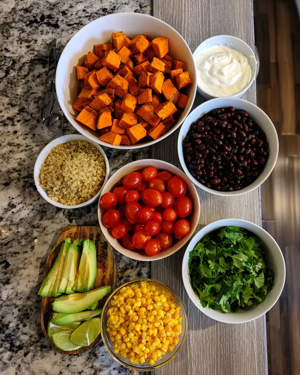 Ingredients for Savor the Flavor Sweet Potato and Black Bean Bowl with Cilantro Lime Yogurt Sauce