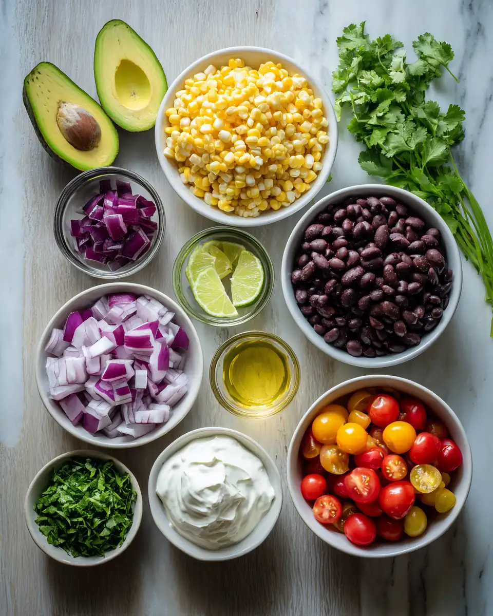 Ingredients for Zesty Avocado & Roasted Corn Bowl with Luscious Cilantro Cream Sauce
