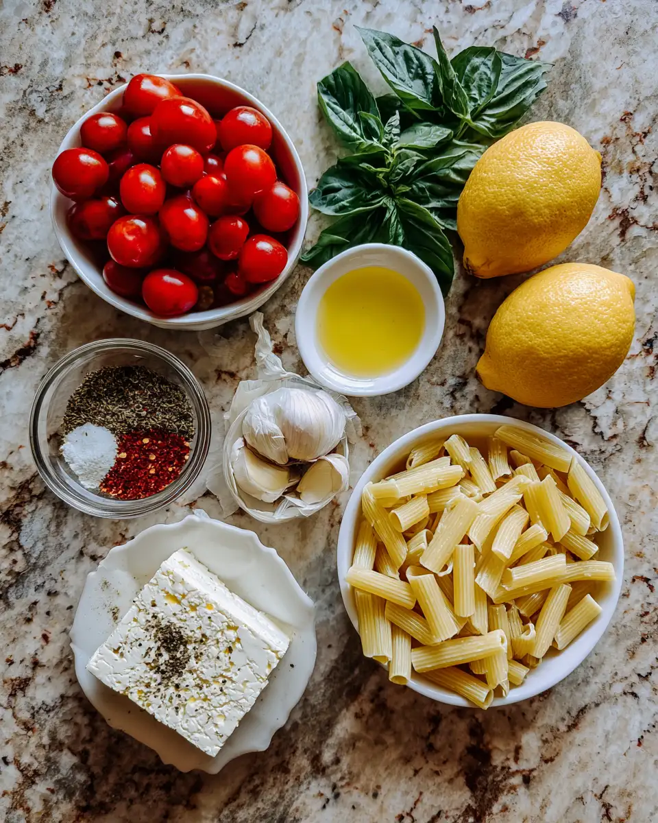Ingredients for Zesty Comfort in a Dish: Baked Feta Lemon Pasta Delight
