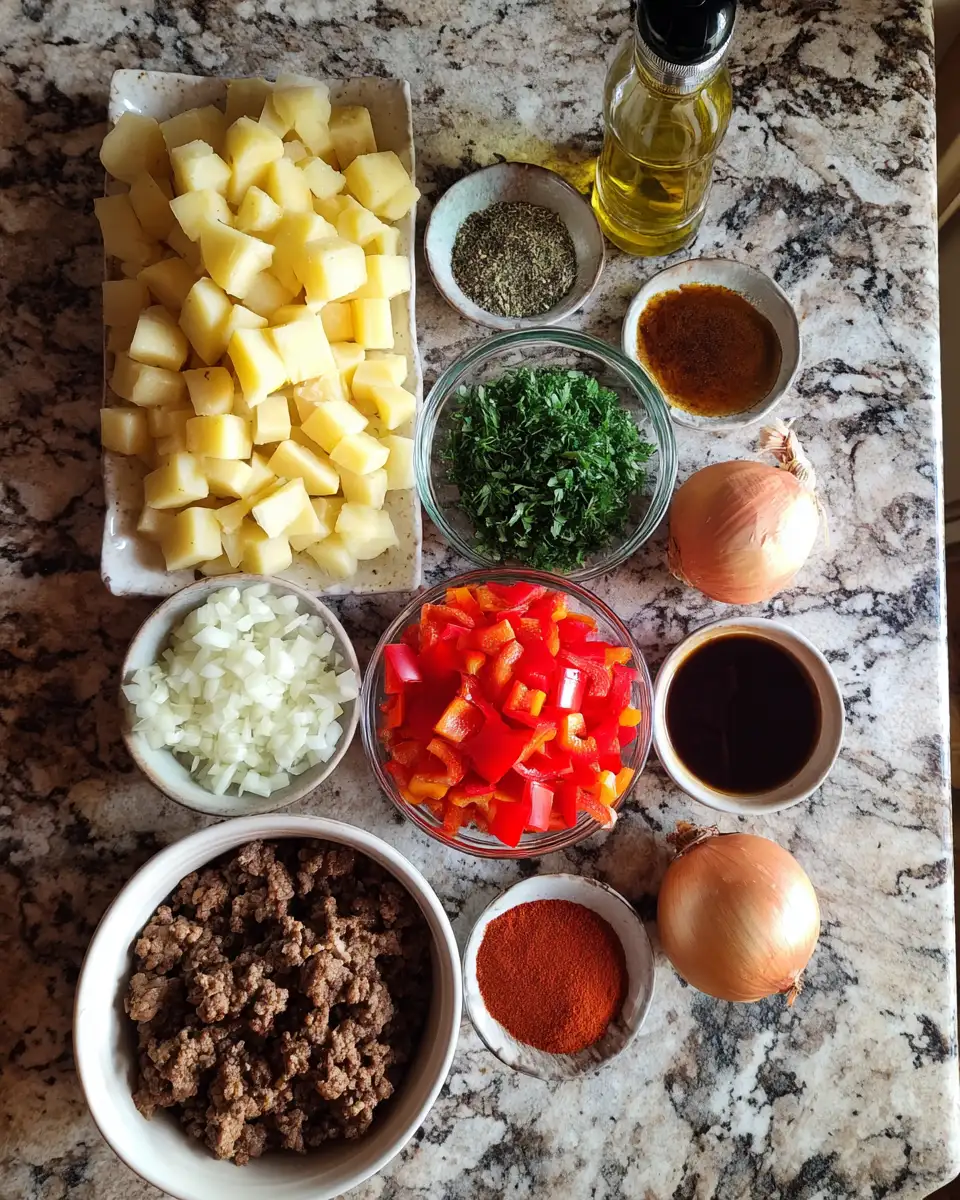Ingredients for Sizzling One-Pan Wonder: Beef and Potatoes Skillet Delight