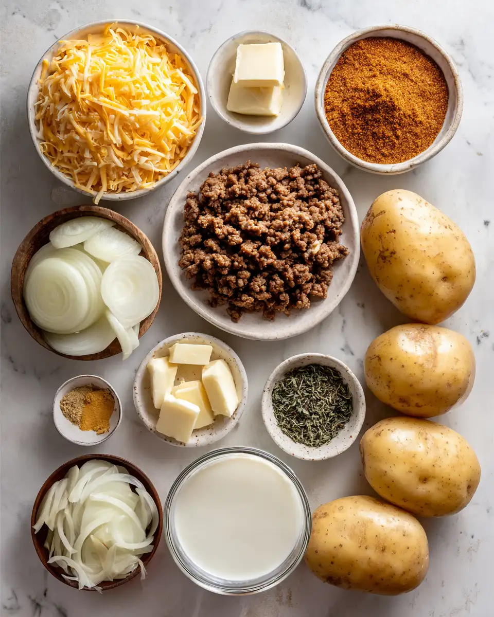 Ingredients for Ultimate Comfort: Cheesy Beef and Potato Bake Delight