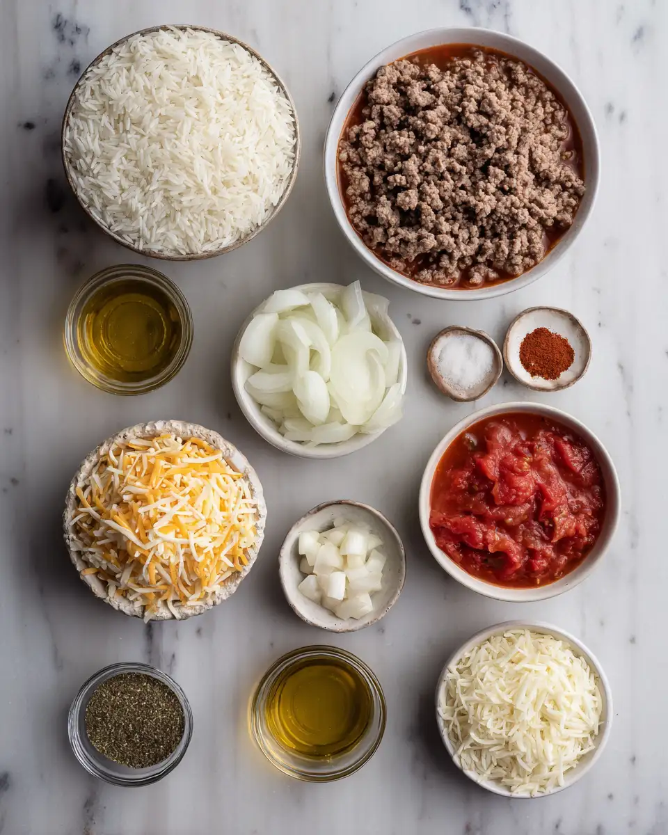 Ingredients for Cheesy Beef Rice Bake: A Comfort Food Dream