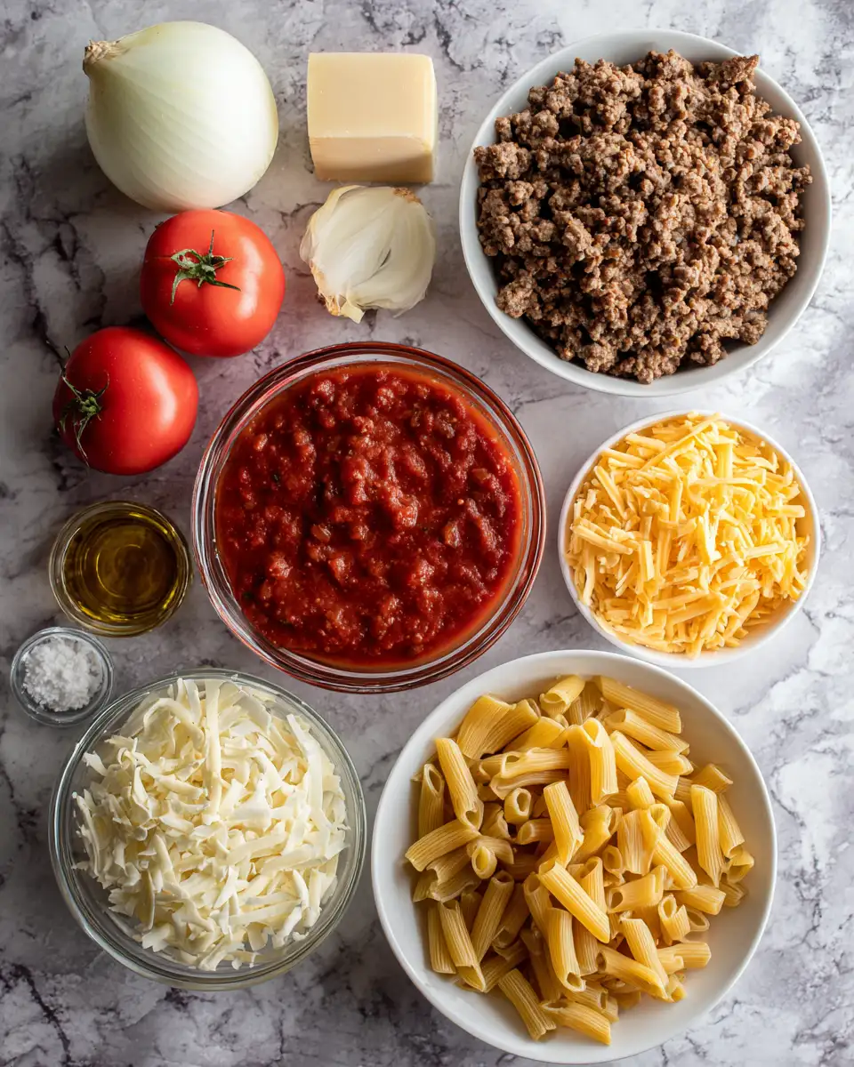 Ingredients for Ultimate Comfort: Cheesy Ground Beef Casserole Delight