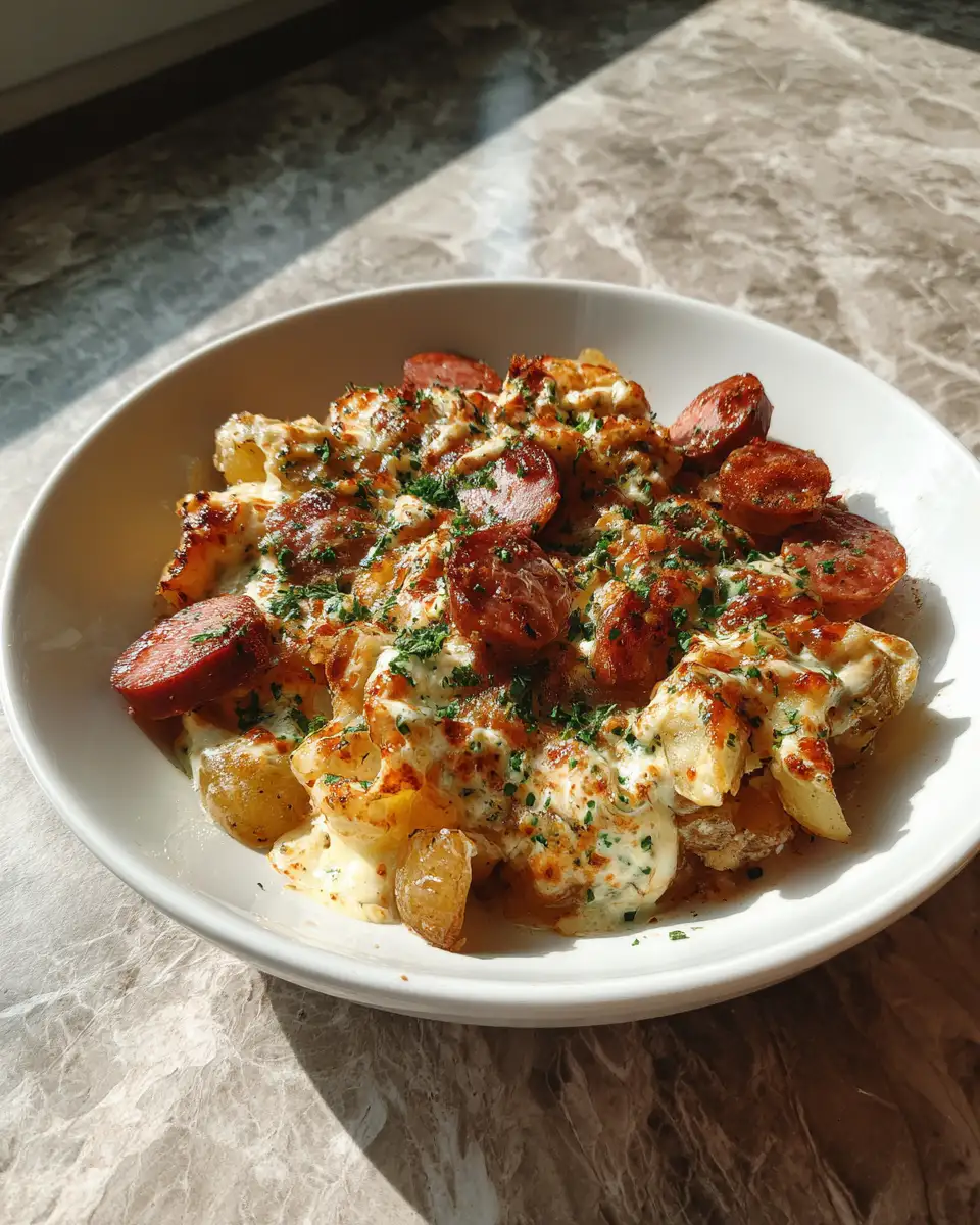 Final dish - Sizzling Cheesy Ranch Potatoes and Smoked Sausage Delight
